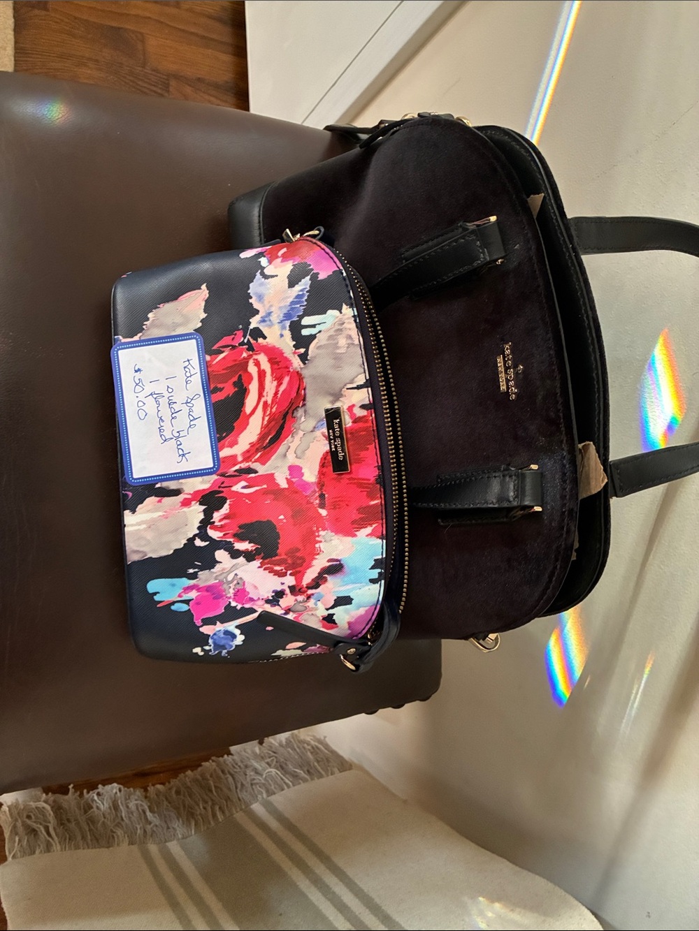 kate spade Black Shoulder Bag with Multicolor Floral Front Panel